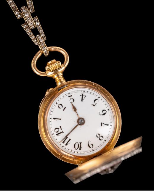 独角鹿西洋古董 19世纪末20世纪初瑞士H. Moser & Cie工坊出品蝴蝶结造型14K黄金镶嵌钻石及粉色珐琅胸针怀表 商品图3