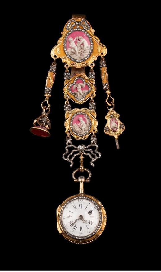 独角鹿西洋古董 瑞士Ph. Terrot & Fazy工坊签名出品18K黄金精雕镶嵌钻石及古典孩童主题珐琅彩绘腰链式怀表 商品图1
