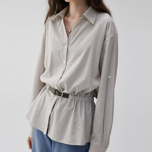 馥迦法式气质通勤腰带条纹衬衫 商品图4