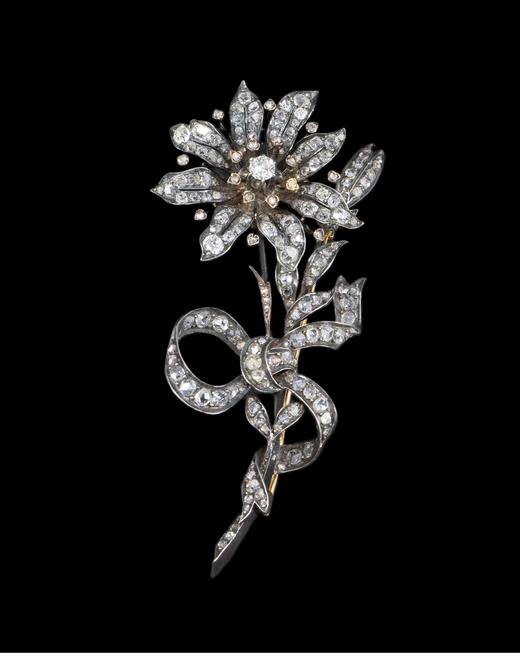 独角鹿西洋古董 1880年代法国出品蝴蝶结花束造型黄金底纯银镶嵌钻石En Tremblant颤动式胸针 商品图0