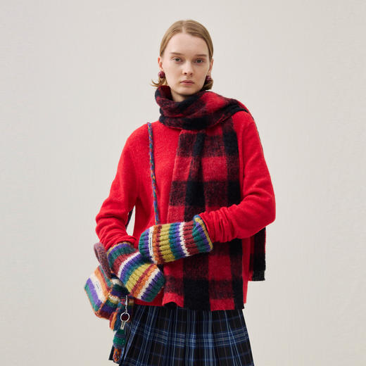 谜底红色格子围巾2025冬季新品复古格纹羊毛混纺围脖女254MQ1962 商品图2