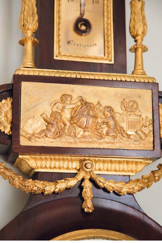 独角鹿西洋古董 1880年代法国出品路易十六风格古典天使主题铜鎏金精雕装饰桃花心木晴雨表挂钟 商品图3