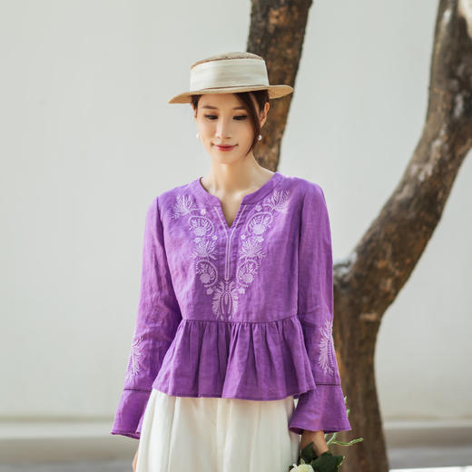 【林栖设计小店】【林栖推荐】薰衣草紫亚麻呼吸透气清爽V领上衣女N1953332 商品图2
