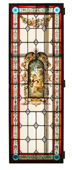 独角鹿西洋古董 1886年法国玻璃艺术大师C. Pizzagalli签名创作出品四季天使主题彩绘玻璃花窗一组
