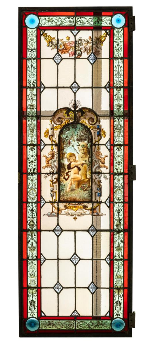 独角鹿西洋古董 1886年法国玻璃艺术大师C. Pizzagalli签名创作出品四季天使主题彩绘玻璃花窗一组 商品图0