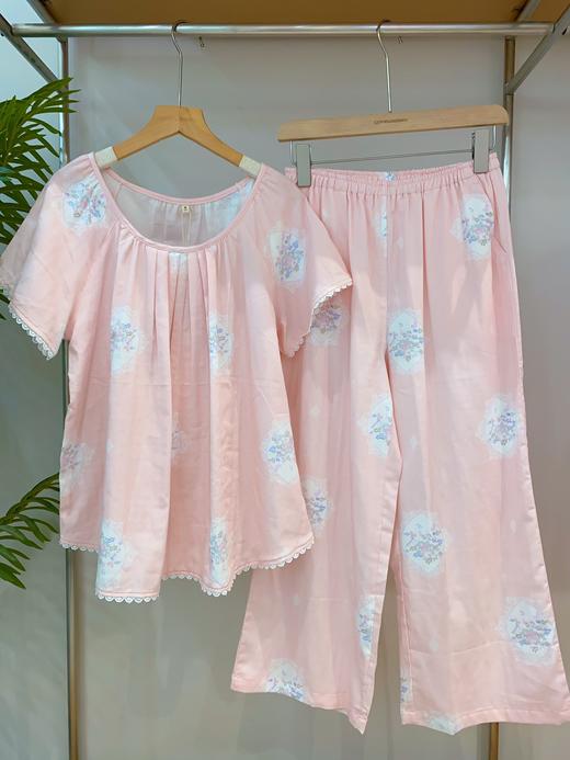 松植屋夏季女款【淑瑶】圆领短袖长裤套装全棉100%纯棉双层纱睡衣家居服 商品图3