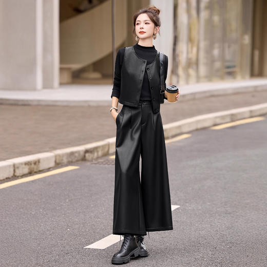 轻熟通勤风PU皮马甲阔腿裤套装，时尚气质石墨两件套HR-GJC2591 商品图3