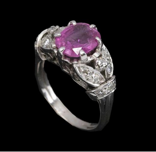 独角鹿西洋古董法国出品叶纹造型白金镶嵌钻石及粉色蓝宝石戒指 商品图2