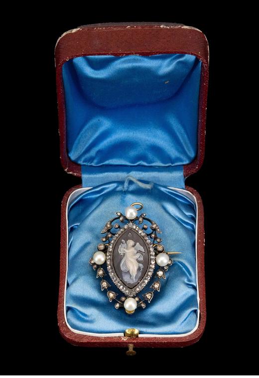 独角鹿西洋古董 19世纪欧洲出品黄金底纯银镶嵌天然海水珍珠钻石及天使奏乐主题卡梅奥玛瑙浮雕胸针/吊坠 商品图2