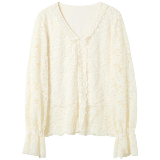 三彩2025冬季新款蕾丝衫V领小衫喇叭袖拼接套头优雅M 商品图4