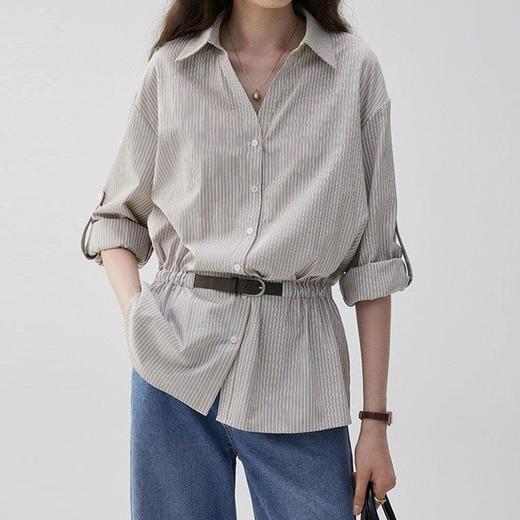 馥迦法式气质通勤腰带条纹衬衫 商品图2