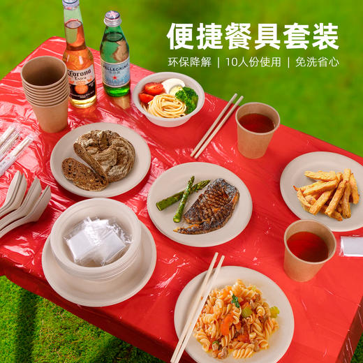 喇叭花纸浆一次性餐具套装杯盘碗筷手套露营聚餐野餐烧烤10人份 商品图1