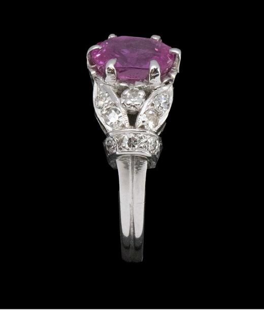 独角鹿西洋古董法国出品叶纹造型白金镶嵌钻石及粉色蓝宝石戒指 商品图3