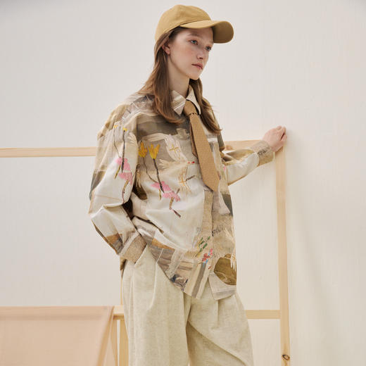 谜底大廓形衬衣长袖2025年冬季新品复古原创印花衬衫女254MC1623 商品图1