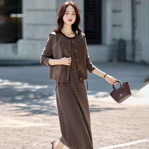 休闲百搭皮马甲条纹裙，套装两件套长袖连衣裙HR-YF2622 商品图2