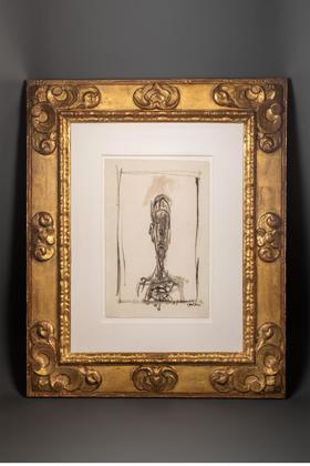 独角鹿西洋古董 瑞士艺术大师阿尔贝托·贾科梅蒂签名创作水粉纸本半身像作品《Portrait de Diego 迭戈肖像》