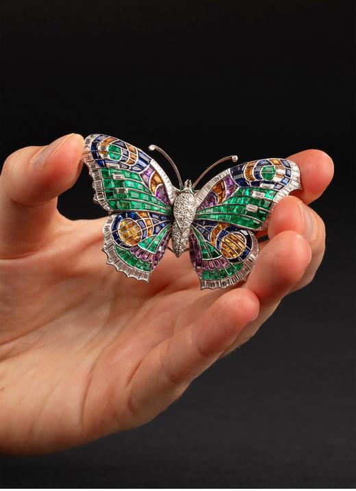 独角鹿西洋古董 蝴蝶造型铂金镶嵌祖母绿钻石紫水晶托帕石及黄水晶可拆卸双夹式胸针 商品图0