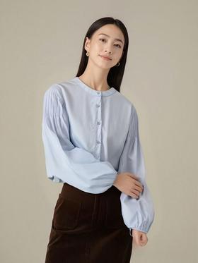 【秋新品）古泥品牌7868 100%棉泡泡袖圆领宽松衬衫-喜出