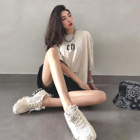 CHINISM  CH短袖t恤男水洗做旧美式高街潮牌宽松黑色夏季男生半袖