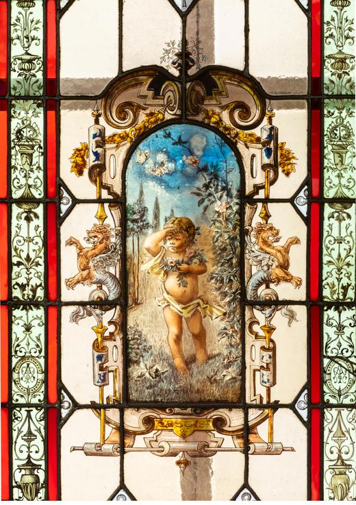 独角鹿西洋古董 1886年法国玻璃艺术大师C. Pizzagalli签名创作出品四季天使主题彩绘玻璃花窗一组 商品图6