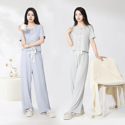 爱帝云感软糯亲肤文艺花纱短袖长裤套装 商品图12