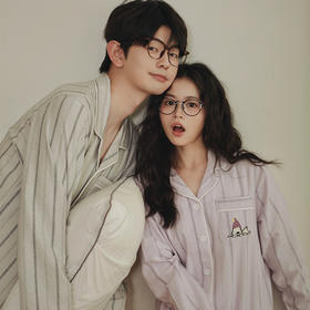 2025秋新款！情侣款纯棉磨毛家居服  瞌睡小狗刺绣显瘦竖条长袖长裤睡衣套装