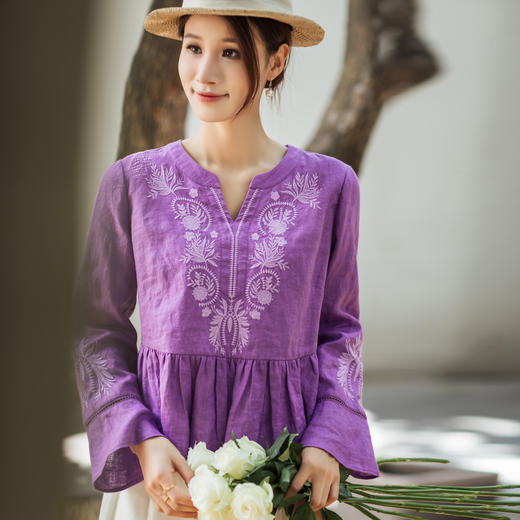【林栖设计小店】【林栖推荐】薰衣草紫亚麻呼吸透气清爽V领上衣女N1953332 商品图4