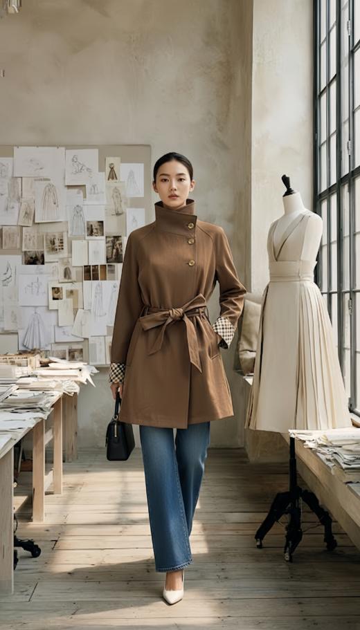 HN 复古通勤三粒扣立领休闲短风衣(附腰带） 商品图0