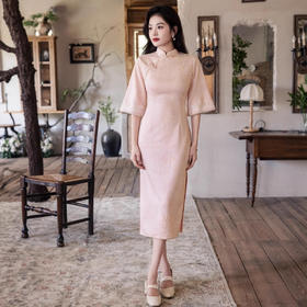 粉色改良新中式倒大袖旗袍麂皮绒年轻款YG2683