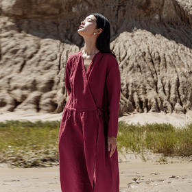 绽放604朵/亚麻斜襟腰部抽绳系带松弛感正常V领显瘦长袖连衣裙