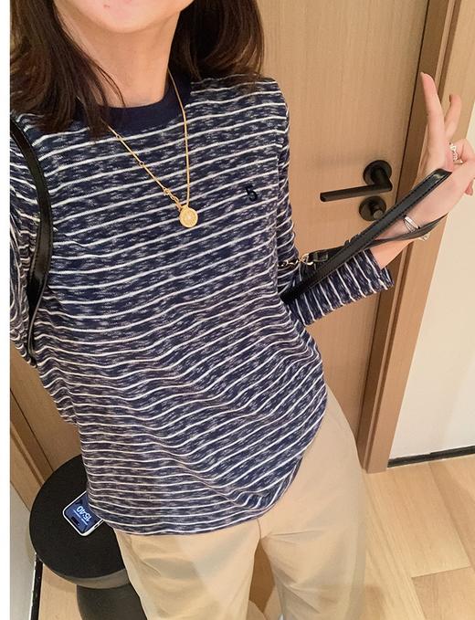 香香5号条纹T雪花肌理软糯植绒撞色长袖T恤 商品图12