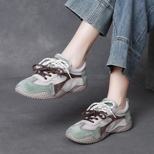JS12912025秋鞋新款真皮拼色系带休闲女鞋运动风软底鞋平底防滑单鞋 商品图1