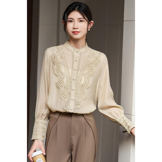 米思阳2026春季新款知性优雅天丝长袖上衣蕾丝拼接淑女直筒百搭衬衫1847 商品图2