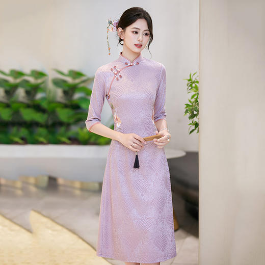 SC22015紫色国风新中式改良妈妈装秋季旗袍中袖2025新款女复古连衣裙春秋 商品图0