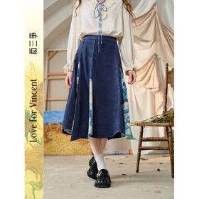 两三事梵高文艺 秋风听澜 2025秋冬新款印花布拼接a字半身裙长裙