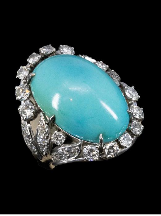 【已售】独角鹿西洋古董 1950年代法国出品叶片造型18K白金镶嵌钻石及绿松石戒指 商品图2