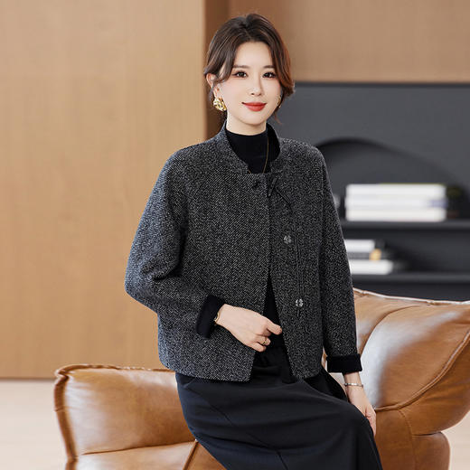 OSL 2501LN双面尼羊毛大衣小个子立领气质人字纹毛呢外套 商品图3