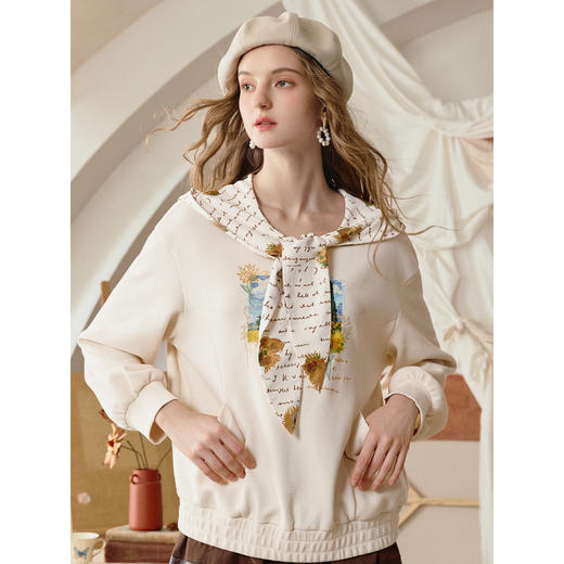 两三事梵高文艺云上香草2025秋季新款帽子领巾印花套头卫衣女宽松 商品图2