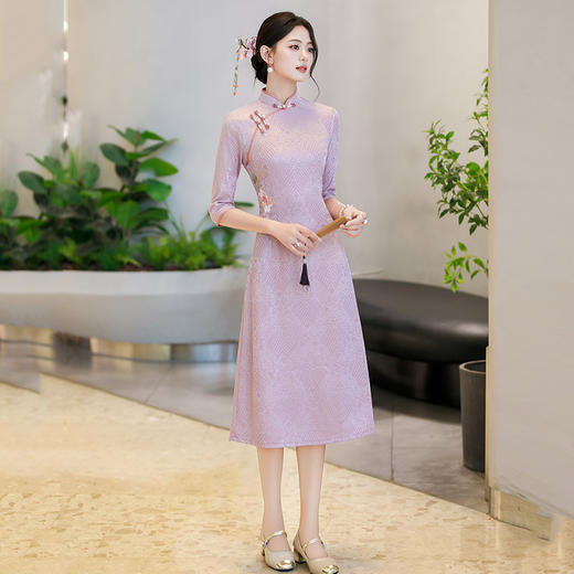 SC22015紫色国风新中式改良妈妈装秋季旗袍中袖2025新款女复古连衣裙春秋 商品图3