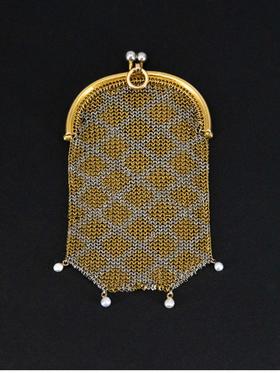 独角鹿西洋古董 20世纪初欧洲出品18k黄金及铂金装饰珍珠网状编织古董零钱包