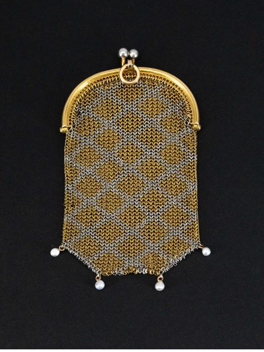 独角鹿西洋古董 20世纪初欧洲出品18k黄金及铂金装饰珍珠网状编织古董零钱包 商品图0