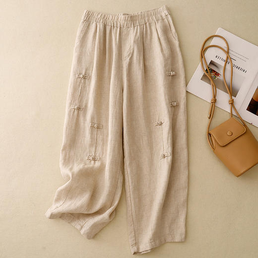 GYH 9031复古休闲宽松纯色九分裤松紧腰显瘦盘扣萝卜哈伦裤 商品图2