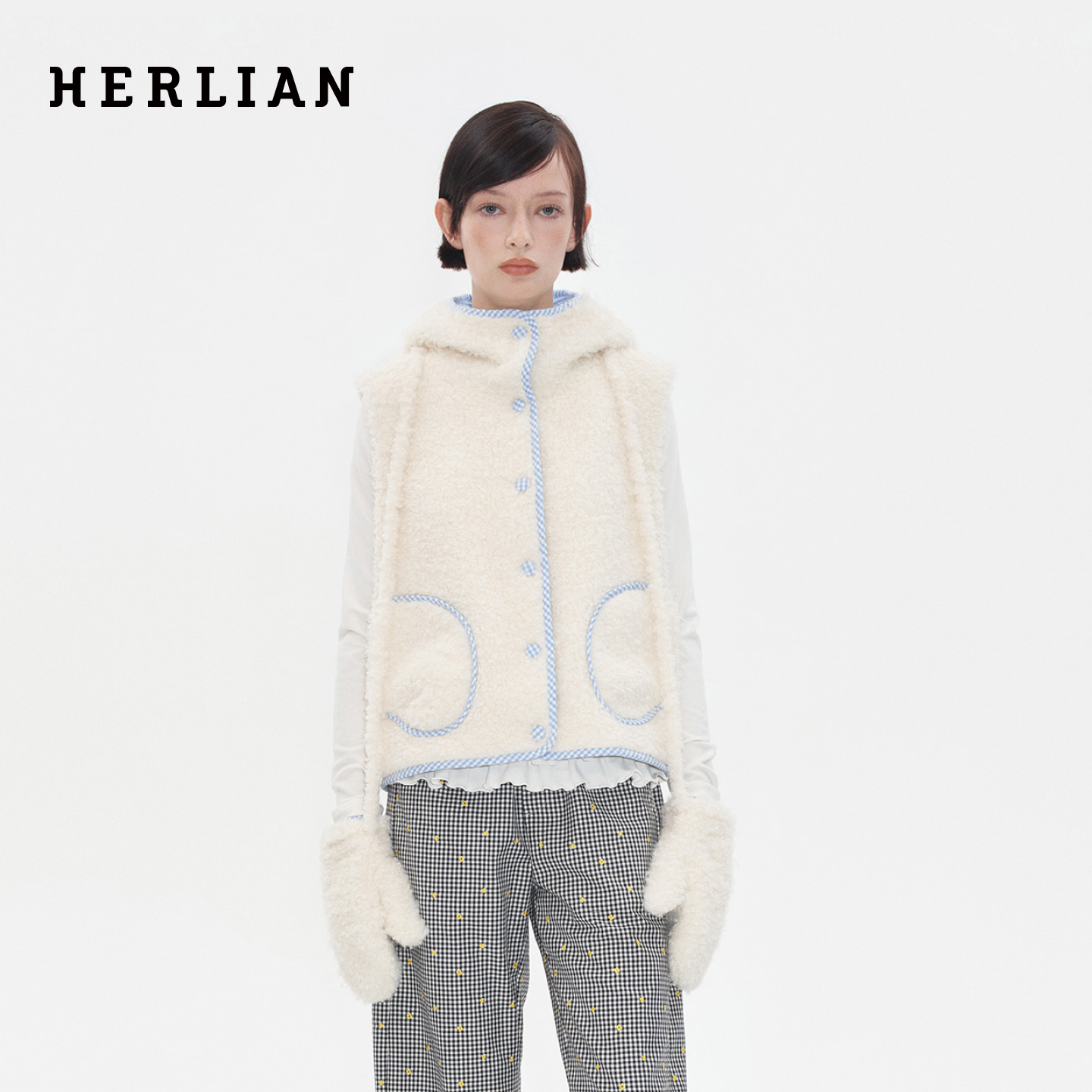 HERLIAN 2025秋季新品女士格纹拼接设计毛绒马甲