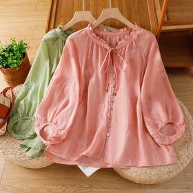 C039-92942025简约休闲复古夏季宽松系带刺绣花衬衫女花边领口文艺上衣女