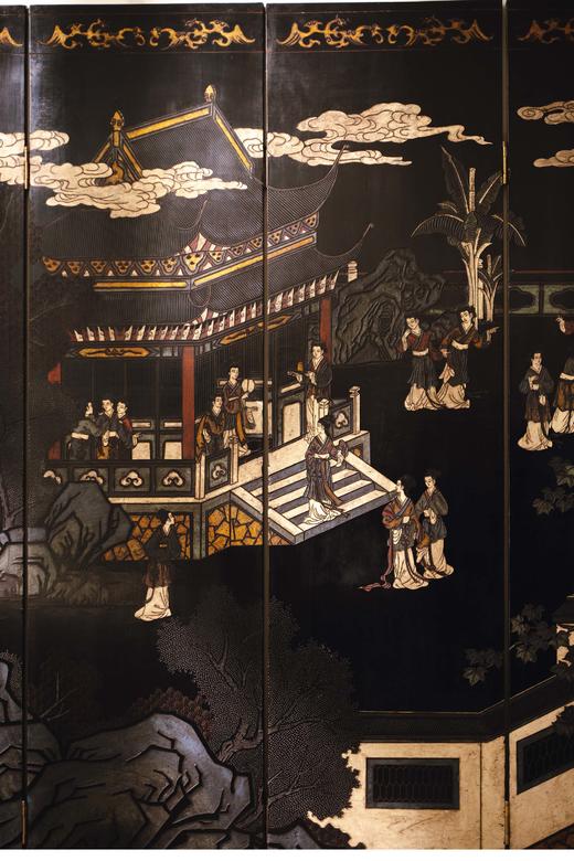 【已售】独角鹿西洋古董 19世纪末20世纪初中国出品庭院仕女主题黑漆地款彩双面六曲屏风 商品图2