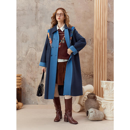 【暖冬内购】两三事梵高文艺莱茵河畔2025秋冬款印花拼接拼色海军领毛呢外套女 商品图1