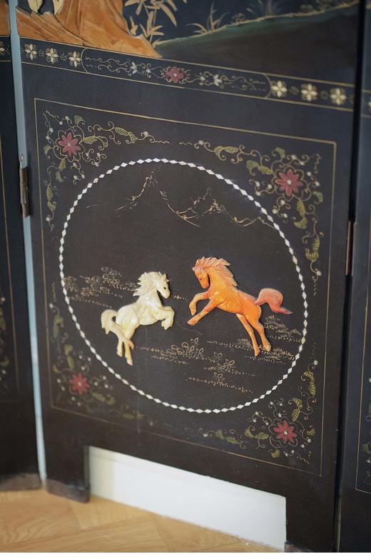 独角鹿西洋古董 20世纪中国出品花鸟奔马主题百宝嵌双面四曲屏风 商品图5