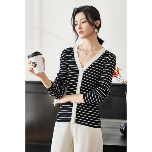米思阳2026春季新款知性复古条纹针织衫撞色v领长袖开衫外套2257 商品图2