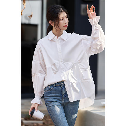 米思阳2026春季新款简约设计感纯棉衬衫泡泡袖褶皱宽松上衣女0256 商品图5
