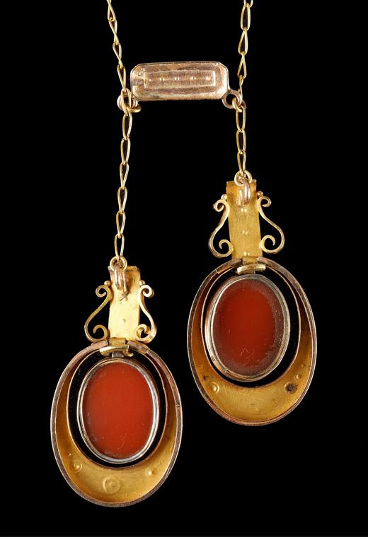 独角鹿西洋古董 1850-1870年代法国拿破仑三世时期出品18K黄金嵌珍珠装饰古典女子肖像主题卡梅奥浮雕双吊坠Négligée款式项链 商品图4